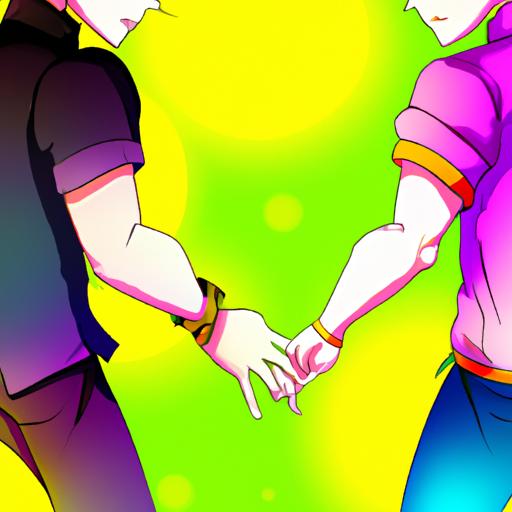 Tranh vẽ anime sặc sỡ với hai nhân vật nam cầm tay nhau.