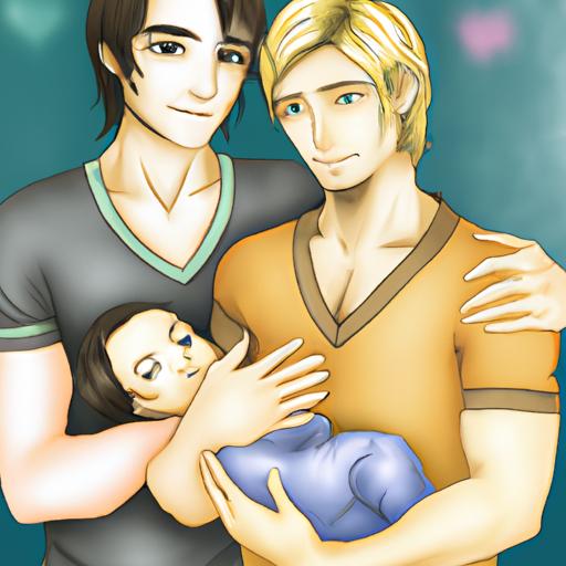 Hình ảnh tượng trưng cho một cảnh trong bộ truyện tranh đam mỹ ABC của tình yêu, mô tả hai nhân vật nam ôm nhau thân thiết với một em bé trong lòng.