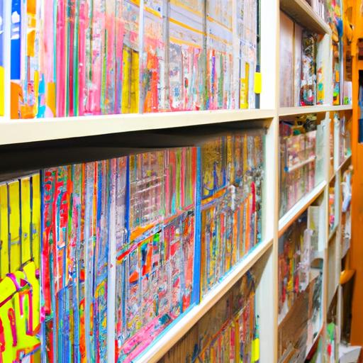 Một cửa hàng truyện tranh rực rỡ với các kệ sách đầy màu sắc của truyện tranh và manhwa.