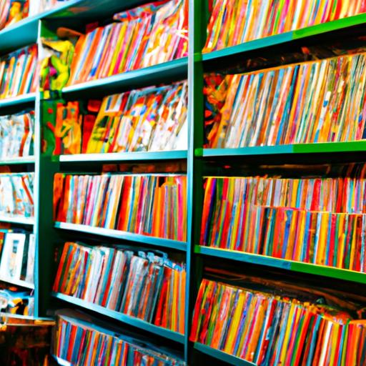 Cửa hàng truyện tranh sặc sỡ với những bức tranh đầy màu sắc và kệ sách chứa đầy các tập truyện tranh đa dạng.