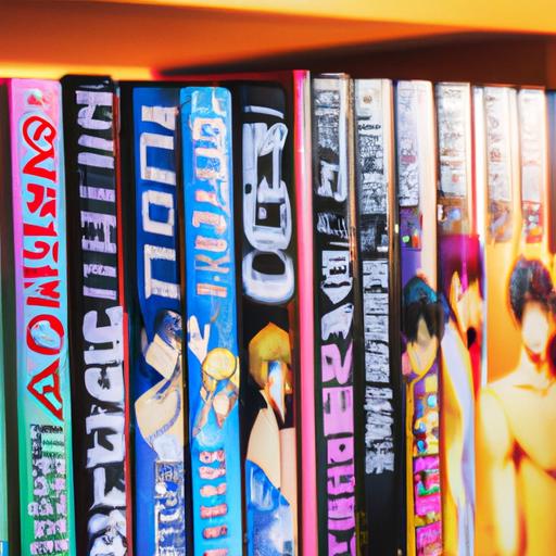 Một hình ảnh về một bộ sưu tập các cuốn truyện tranh yaoi nổi tiếng xếp chồng lên kệ, trưng bày các bìa đa dạng và hấp dẫn.