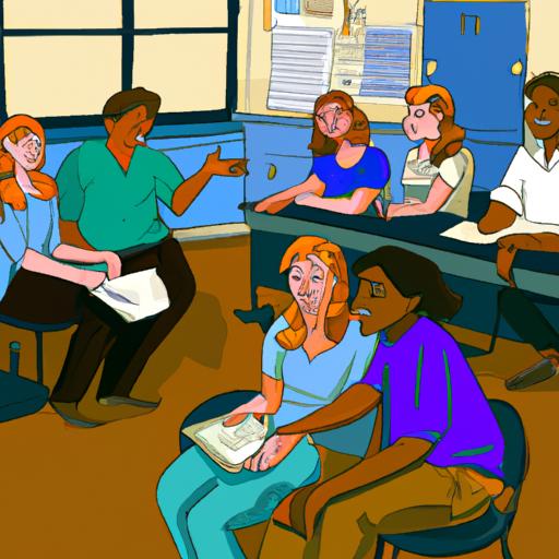 Hình minh họa đầy màu sắc về một nhóm học sinh trong lớp học, thân thiết trò chuyện và cười đùa.