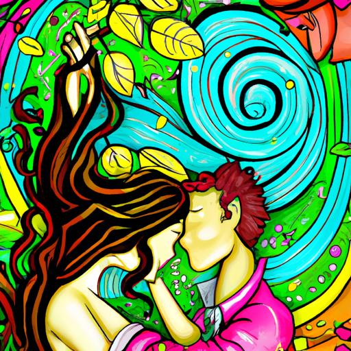 Hình minh họa đẹp về một cặp đôi trong một cuộc ôm chặt lãng mạn, bao quanh bởi những màu sắc tươi sáng và chi tiết tinh tế.