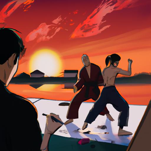 Họa sĩ vẽ một cảnh đánh nhau giữa hai nhân vật võ thuật với nền mặt trời lặn lãng mạn.