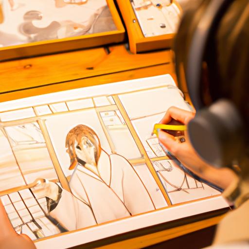 Họa sĩ vẽ một nhân vật manga trong một studio ấm cúng