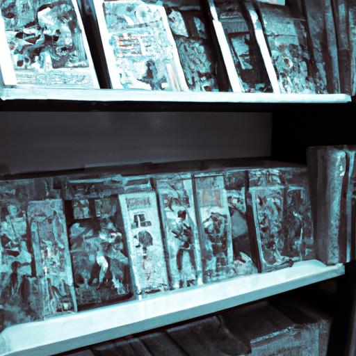 Một bức ảnh cũ về một cửa hàng sách truyện tranh cổ ở Trung Quốc trưng bày một bộ sưu tập truyện tranh Manhua.