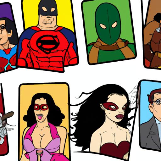 Minh họa về các thể loại truyện tranh Mỹ phổ biến - siêu anh hùng, hài hước, khoa học viễn tưởng, lãng mạn và kinh dị.