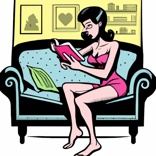 Một người phụ nữ ngồi trên ghế sofa thoải mái, say mê đọc một bộ truyện tranh ngôn tình nóng bỏng.