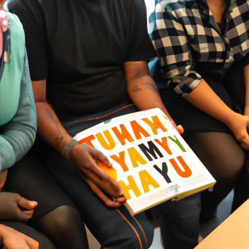 Nhóm người đa dạng ngồi cùng nhau đọc một cuốn truyện tranh có tiêu đề 'truyendamyhay'.