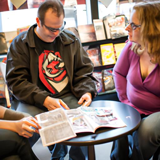 Một nhóm người đang đọc truyện tranh tại một cửa hàng sách địa phương.