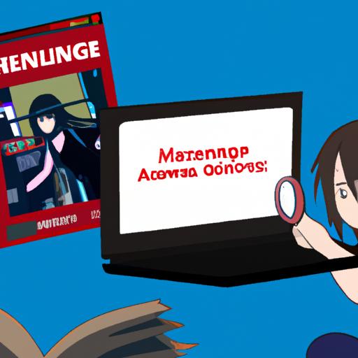 Minh họa quá trình tìm và đọc truyện anime hay trực tuyến, với một người đang tìm kiếm anime manga trên máy tính xách tay.