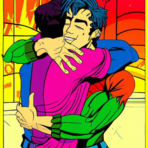 Trang truyện tranh sặc sỡ màu sắc với hai nhân vật nam trong một cuộc ôm lãng mạn.