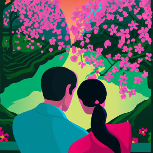 Minh họa về một cặp đôi ôm nhau trong một khung cảnh lãng mạn, bao quanh bởi những màu sắc tươi sáng và cảnh đẹp.