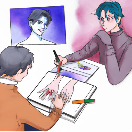 Một họa sĩ vẽ một cảnh tình yêu lãng mạn giữa hai nhân vật nam trong một bộ truyện yaoi, tập trung vào biểu cảm và cử chỉ dịu dàng của họ.