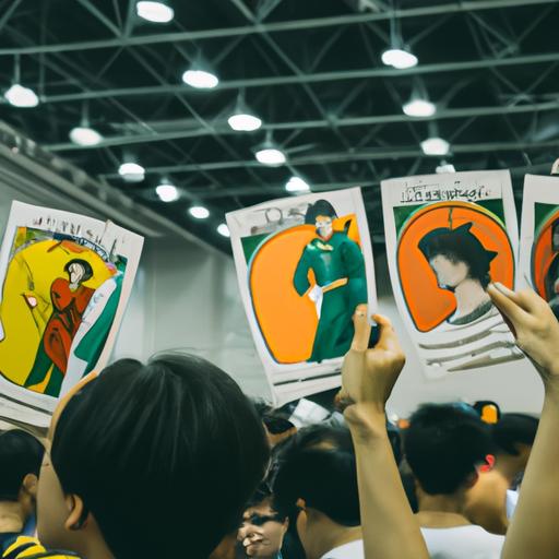 Nhóm fan hâm mộ tại một hội chợ truyện tranh, cầm trên tay nhiều sản phẩm và cosplay liên quan đến loạt truyện 'Truyện tranh đam mỹ Conan'. Bầu không khí sôi động phản ánh sự ảnh hưởng và sự phổ biến của truyện tranh đối với độc giả.