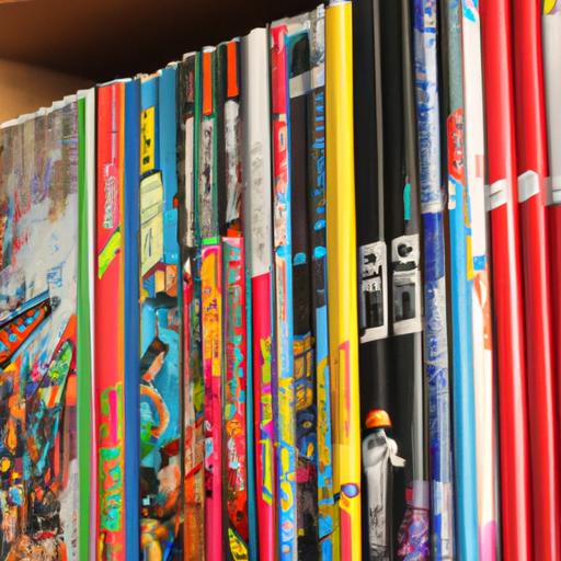 Một kệ sách đầy những cuốn truyện tranh nổi tiếng, trưng bày những bìa sách sặc sỡ của chúng.